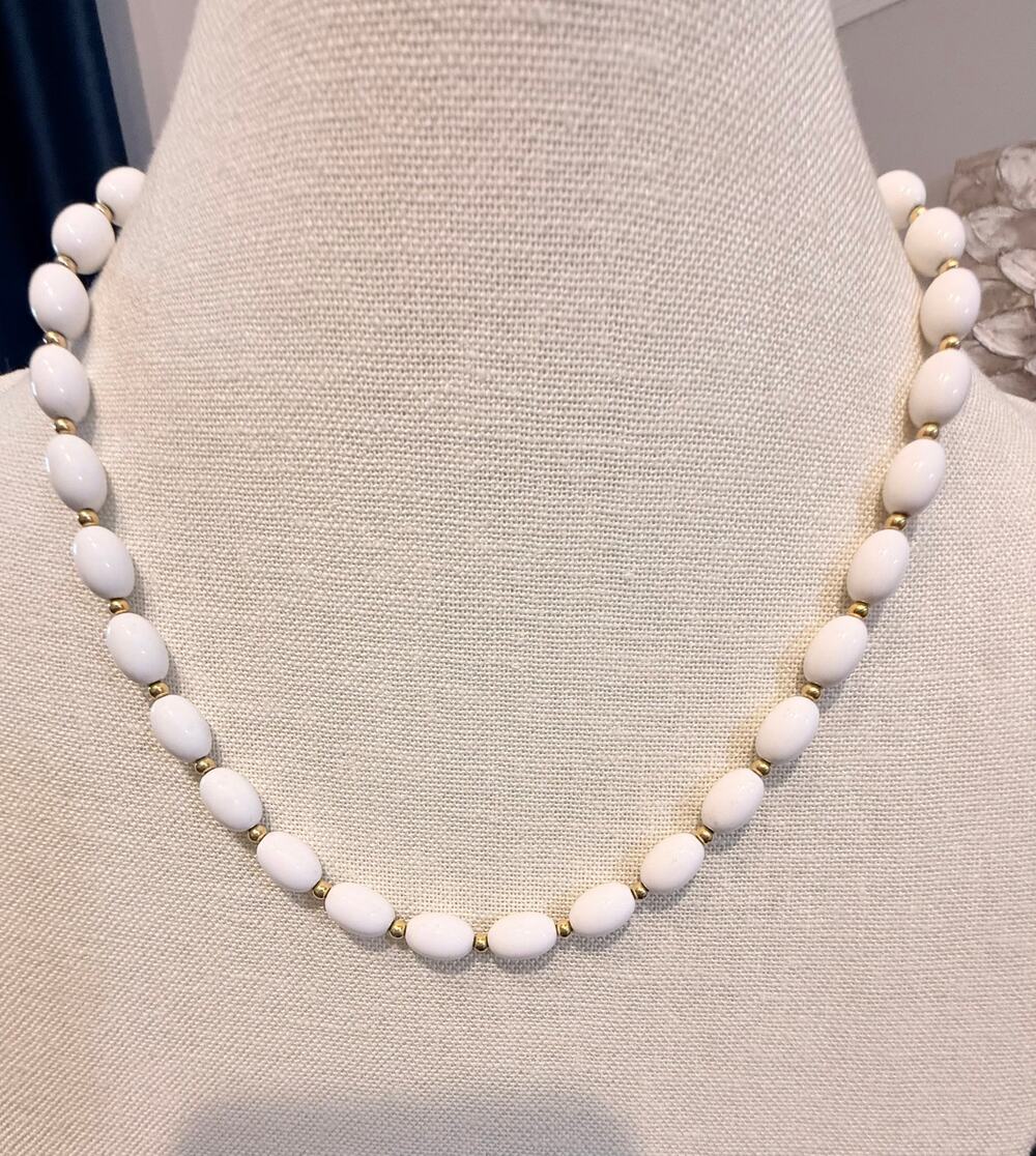 Vintage Monet White Beaded Necklace – 20” Gold Tone Signed Monet
